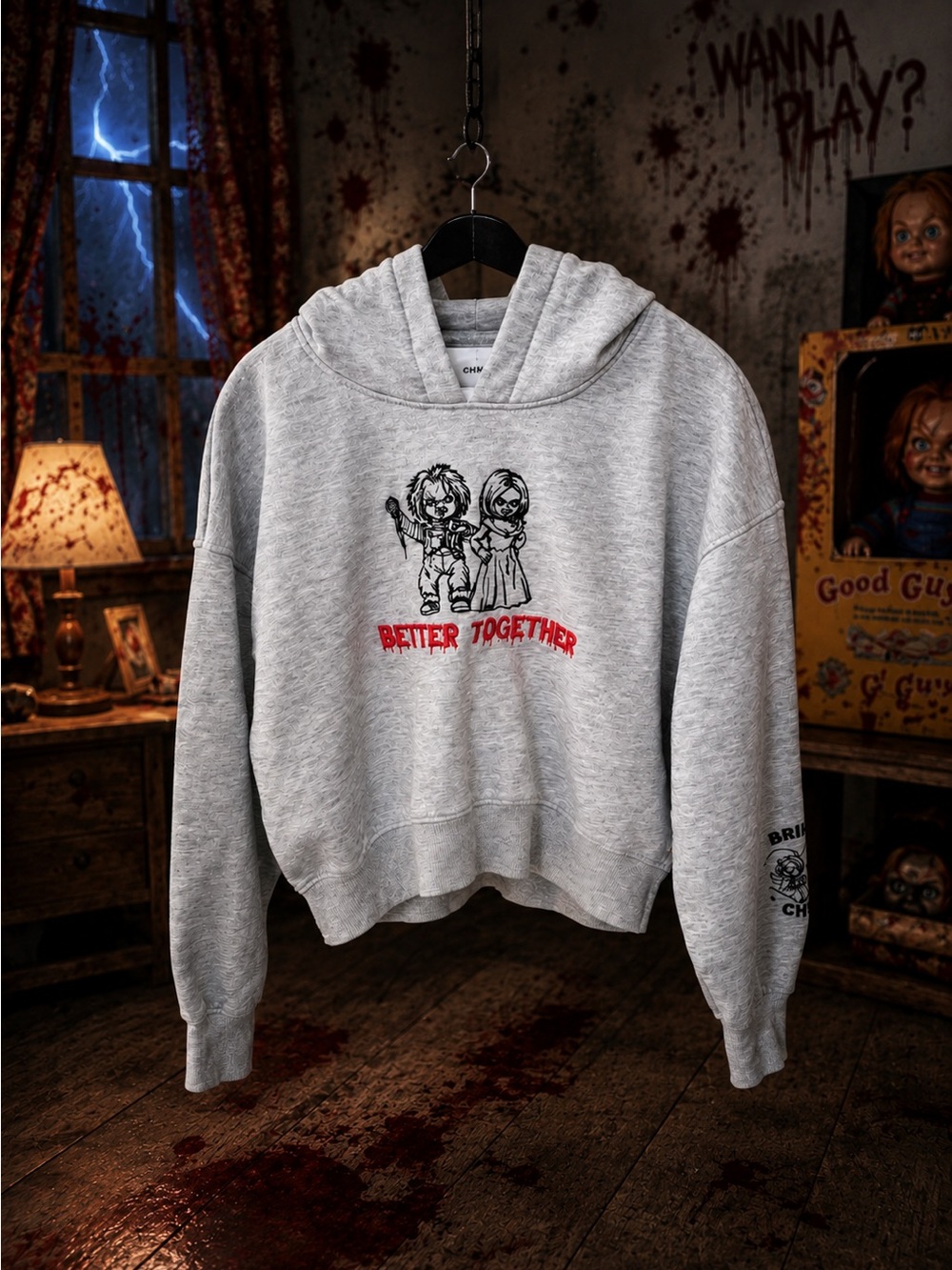 Chucky Better Together Embroidered Cropped Hoodie Bride of Chucky Gray M